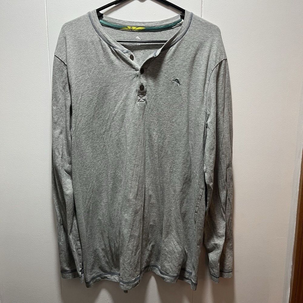 Tommy Bahama Shirt Mens Size Large Gray Long Sleeve Henley Cotton Spandex‎